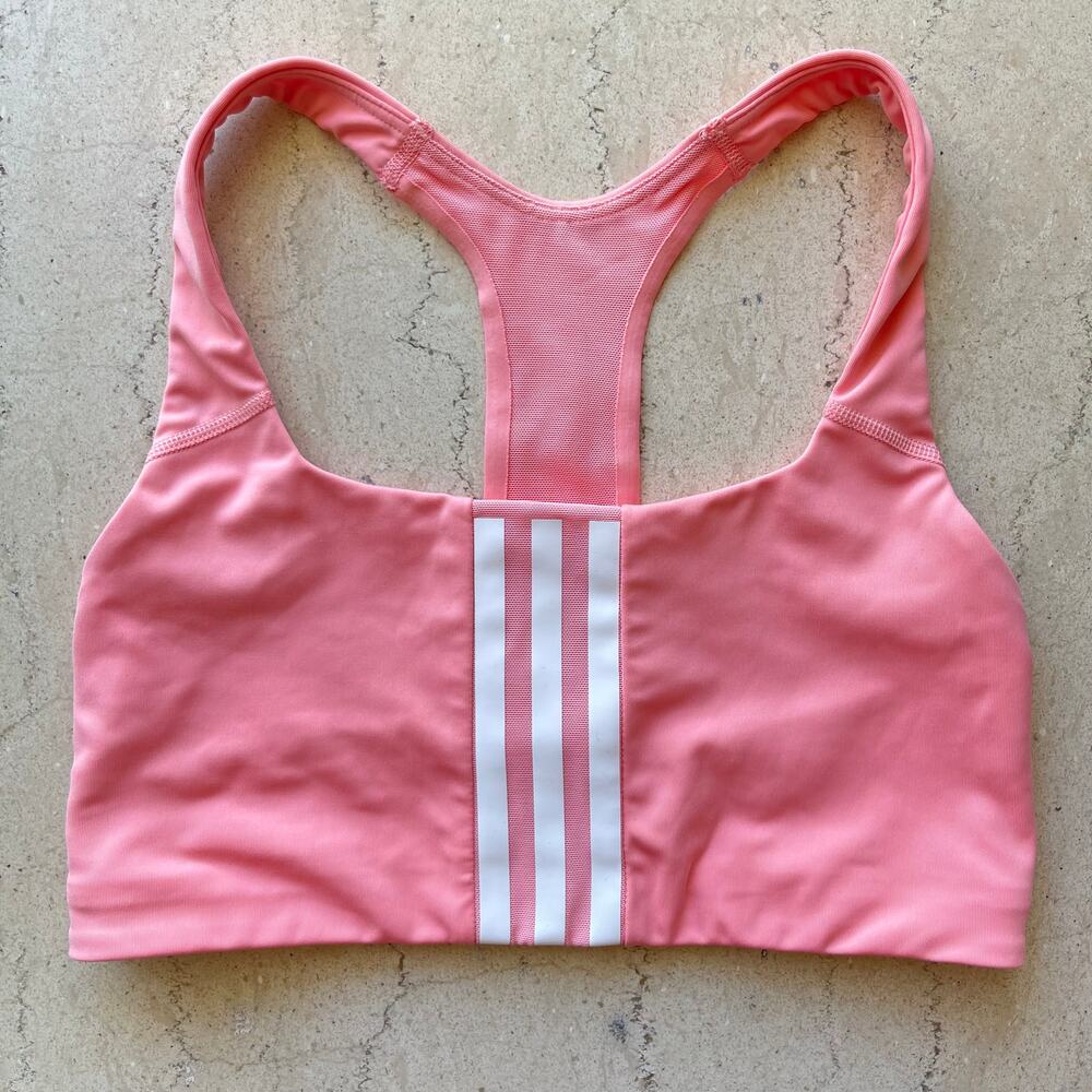 adidas Logo Y Back Sports Bra Top Pink White Running Gym Yoga Women's Size Small